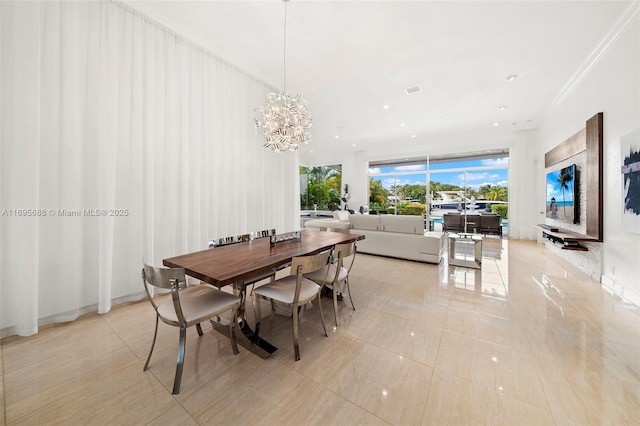 dining area with recessed lighting, ornamental molding, a notable chandelier, and light tile patterned flooring