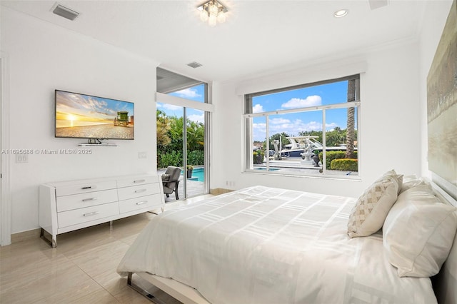 bedroom with access to outside, tile patterned flooring, visible vents, and recessed lighting