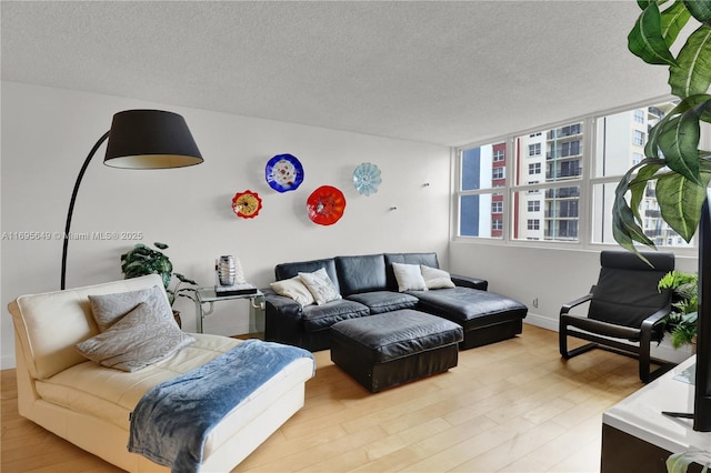 living room with a textured ceiling and light wood-type flooring