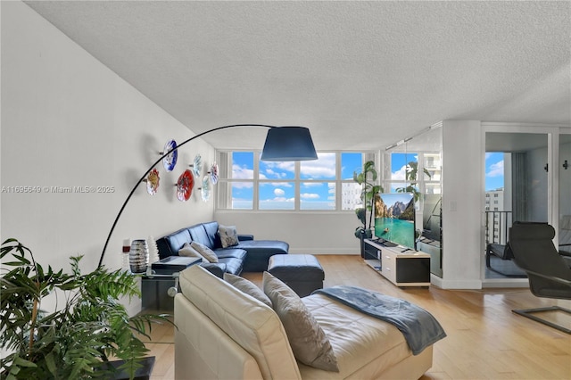 living room featuring light hardwood / wood-style flooring and a textured ceiling