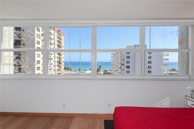 bedroom featuring multiple windows, hardwood / wood-style floors, and a water view