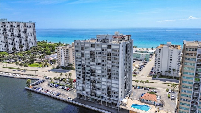 drone / aerial view with a water view