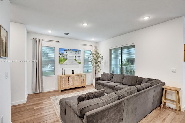 living room featuring a wealth of natural light and light hardwood / wood-style floors