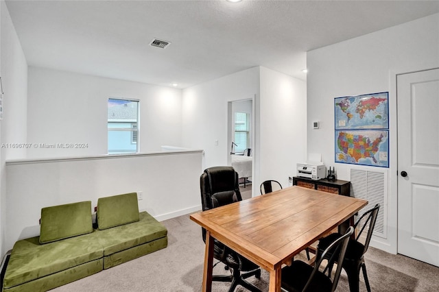 carpeted dining area featuring a textured ceiling