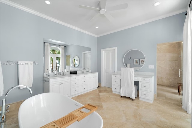 bathroom featuring a washtub, vanity, ceiling fan, and crown molding