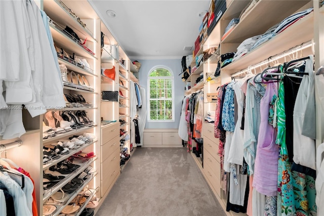 spacious closet featuring light carpet