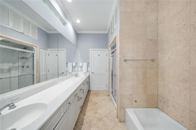 814 W Dilido Dr, Miami Beach, FL 33139 - full bath featuring crown molding, a shower stall, double vanity, a bathtub, and tile patterned floors