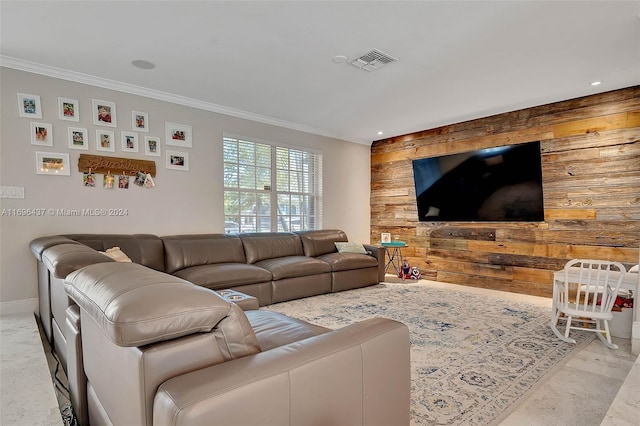 living room featuring wooden walls and ornamental molding