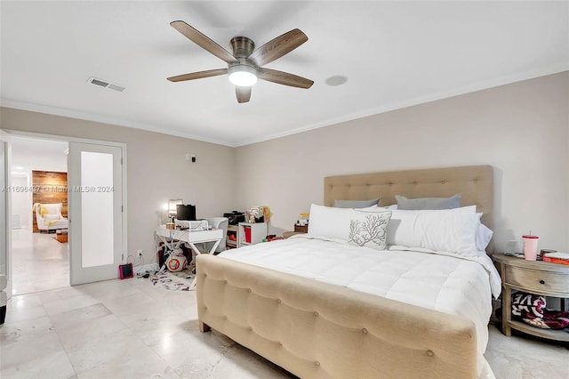 bedroom with ceiling fan, crown molding, and french doors