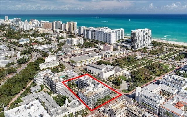 drone / aerial view with a water view and a beach view