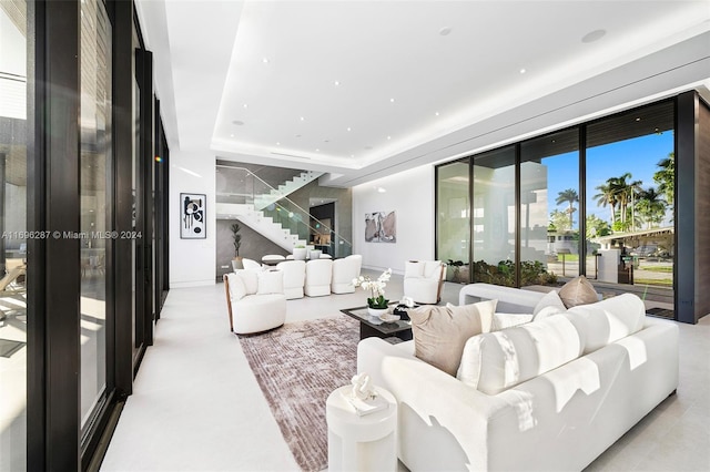 living room featuring a raised ceiling