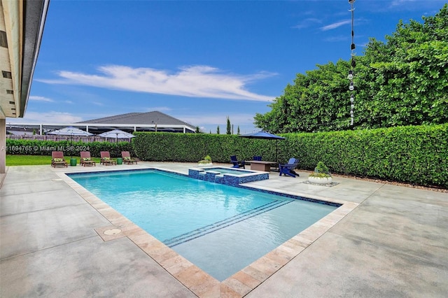 view of pool featuring a patio area and an in ground hot tub