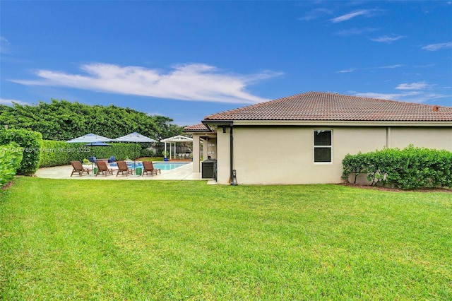 exterior space with a fenced in pool and a patio area