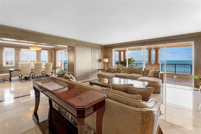 living room with a water view