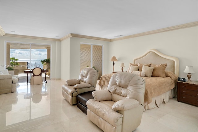 tiled bedroom with access to outside and crown molding