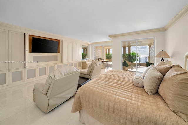 bedroom featuring light tile patterned flooring, access to exterior, and ornamental molding