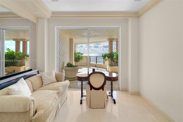 sitting room with a healthy amount of sunlight and ornamental molding