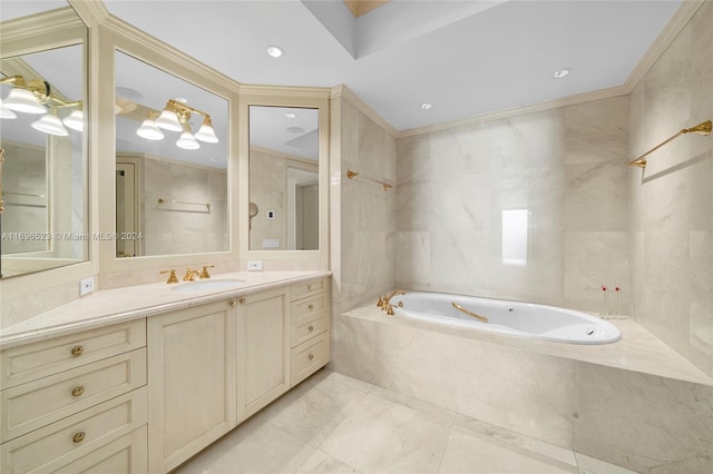 bathroom featuring tiled tub, crown molding, vanity, and tile walls