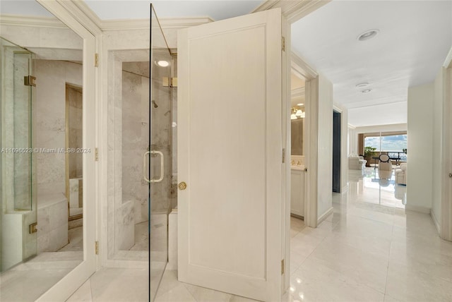 bathroom featuring tile patterned floors and an enclosed shower