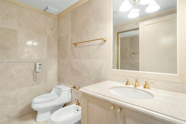 bathroom featuring toilet, a bidet, tile walls, and ornamental molding