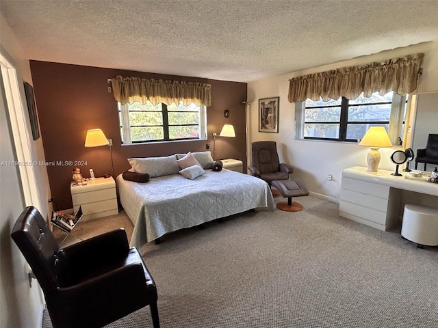 bedroom with carpet flooring, a textured ceiling, and multiple windows