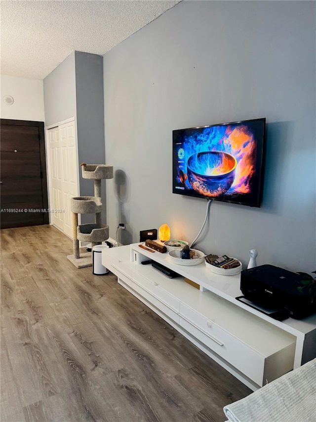 living room with hardwood / wood-style flooring and a textured ceiling