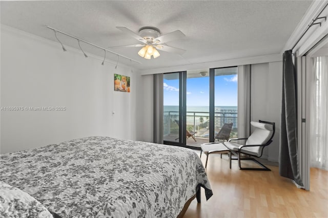 bedroom featuring ceiling fan, a wall of windows, access to outside, a textured ceiling, and ornamental molding