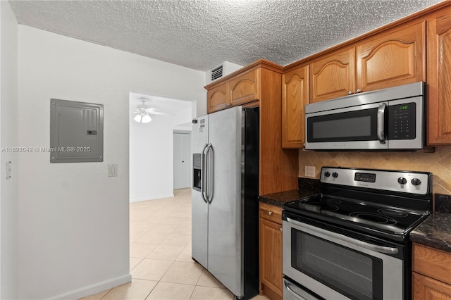 7100 NW 17th St Unit 219, Plantation, FL 33313 - kitchen with stainless steel appliances, electric panel, brown cabinetry, baseboards, and a textured ceiling