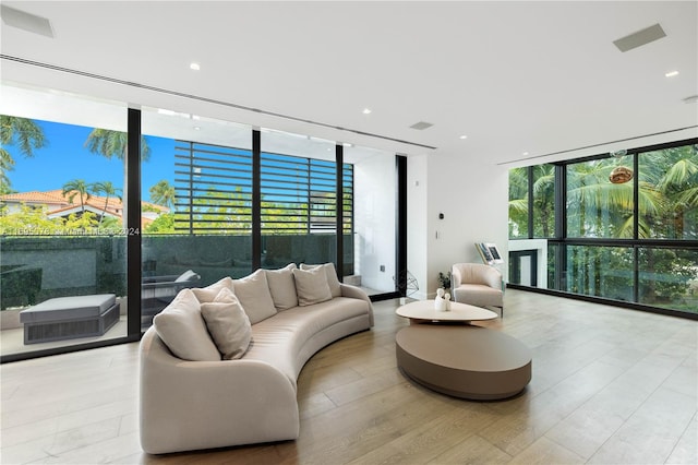 living room featuring plenty of natural light, light hardwood / wood-style floors, and floor to ceiling windows