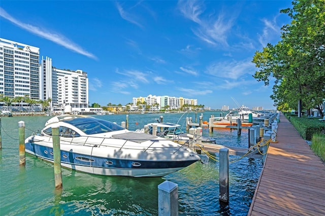 view of dock with a city view and a water view