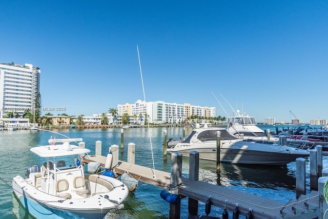 view of dock featuring a city view and a water view