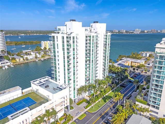 aerial view featuring a water view and a city view