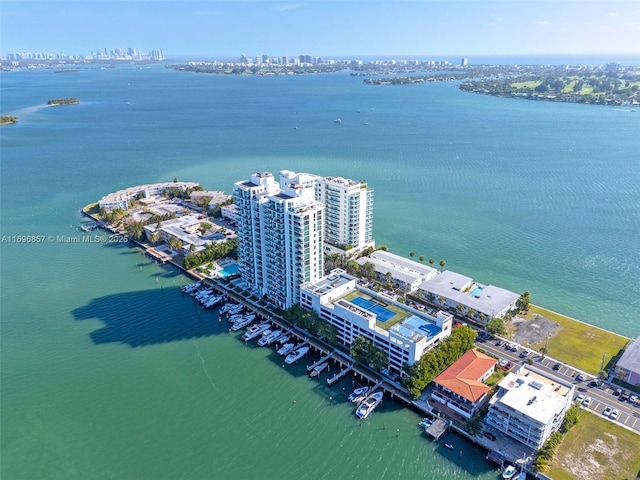 bird's eye view with a city view and a water view