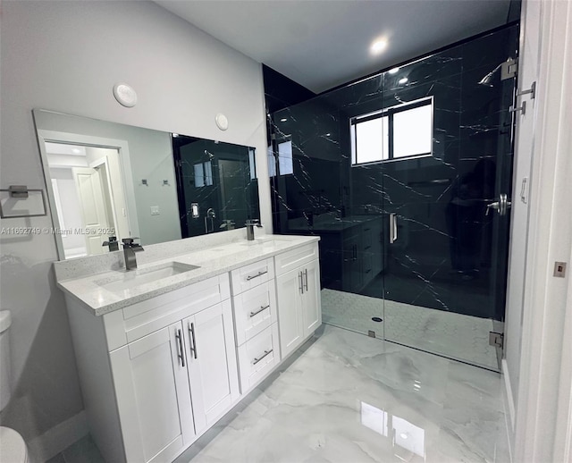 bathroom with toilet, an enclosed shower, and vanity