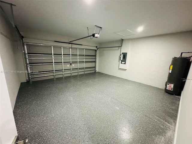 garage featuring electric panel, a garage door opener, and water heater