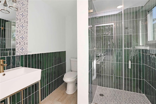 bathroom featuring sink, a shower with door, tile walls, and toilet