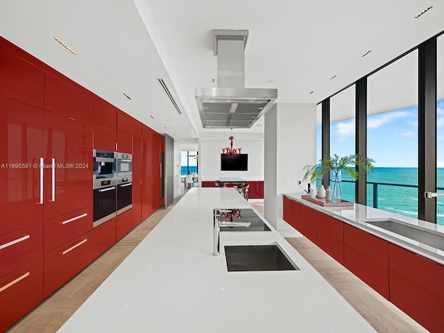 kitchen with island exhaust hood, light hardwood / wood-style flooring, double oven, and a healthy amount of sunlight