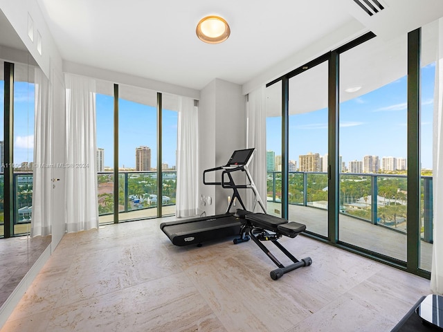 workout room with plenty of natural light and a wall of windows