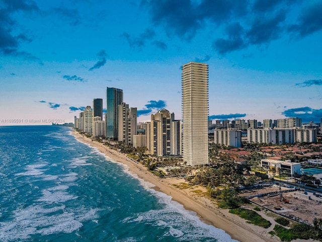 bird's eye view featuring a water view and a beach view