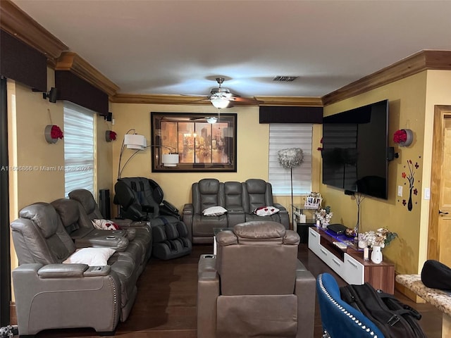 living room featuring dark hardwood / wood-style floors, ceiling fan, and ornamental molding