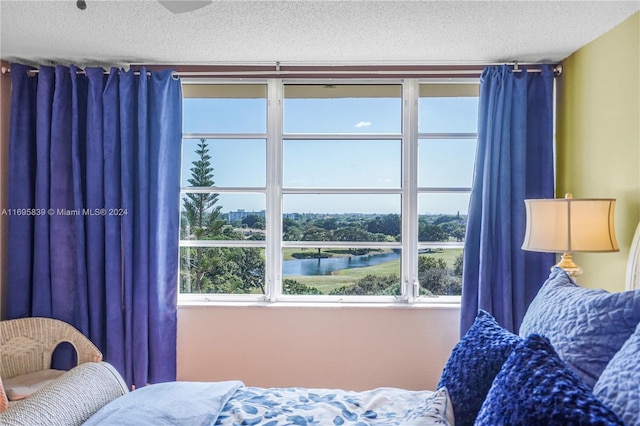 bedroom featuring a textured ceiling, a water view, and multiple windows