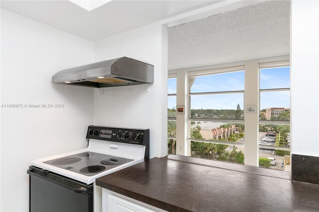 kitchen featuring electric range, white cabinets, a textured ceiling, and exhaust hood