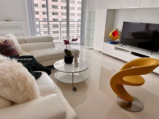 living room featuring light tile patterned floors