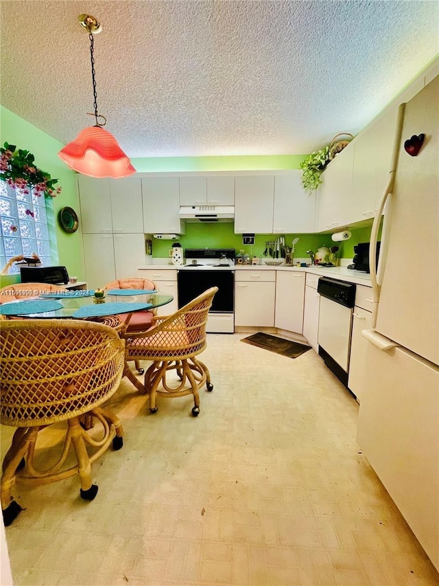 kitchen featuring a textured ceiling, white appliances, decorative light fixtures, light hardwood / wood-style floors, and white cabinetry