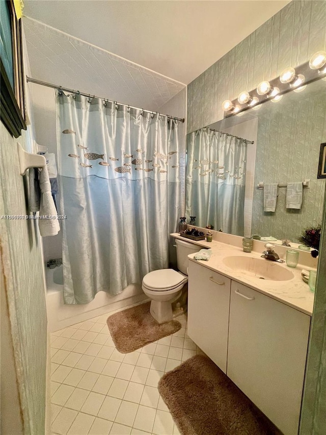 full bathroom with toilet, shower / bath combination with curtain, vanity, and tile patterned floors