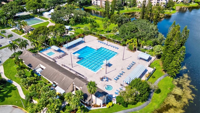 aerial view featuring a water view