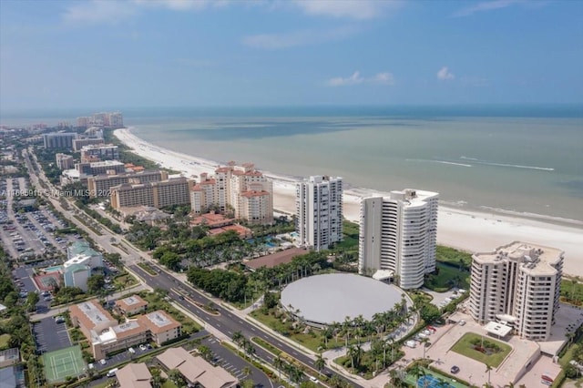 aerial view featuring a water view and a view of the beach