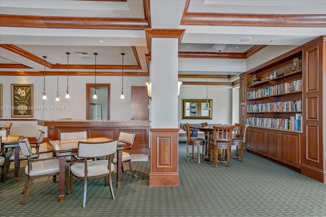 carpeted dining room featuring a tray ceiling and crown molding