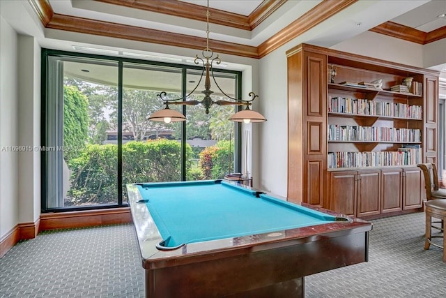 rec room with a wealth of natural light, crown molding, light colored carpet, and billiards