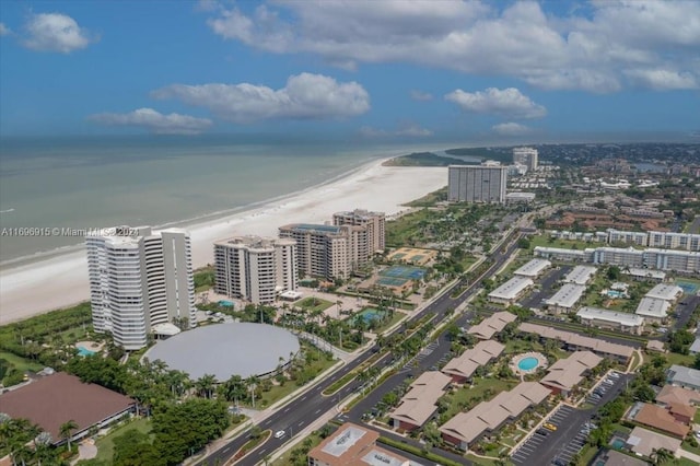 drone / aerial view with a water view and a view of the beach